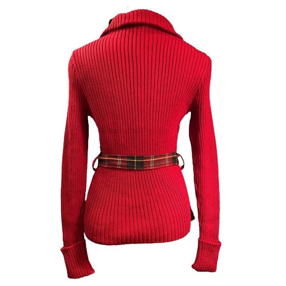 Vtg Sweater Coat Coatigan Wool Blend Toggle Plaid Belted S Red Preppy Academia - Picture 3 of 9